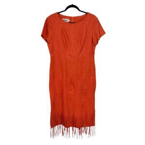 Vintage JSong Collection Orange Linen Short Sleeve Midi Fringe Dress Womens 10